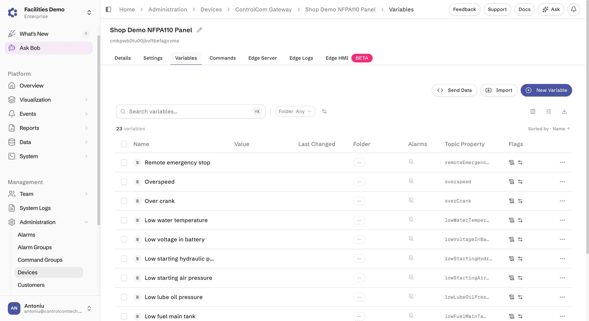 Device Variables Menu