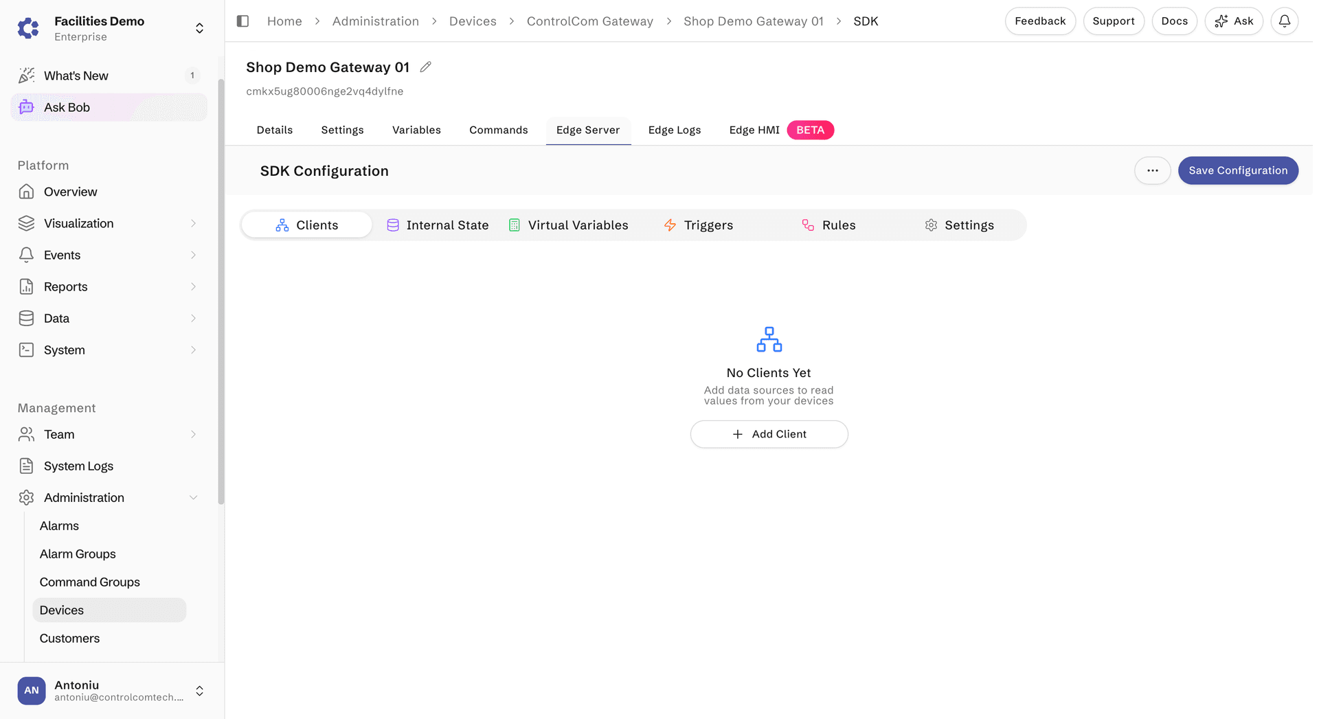 Edge Server Clients tab