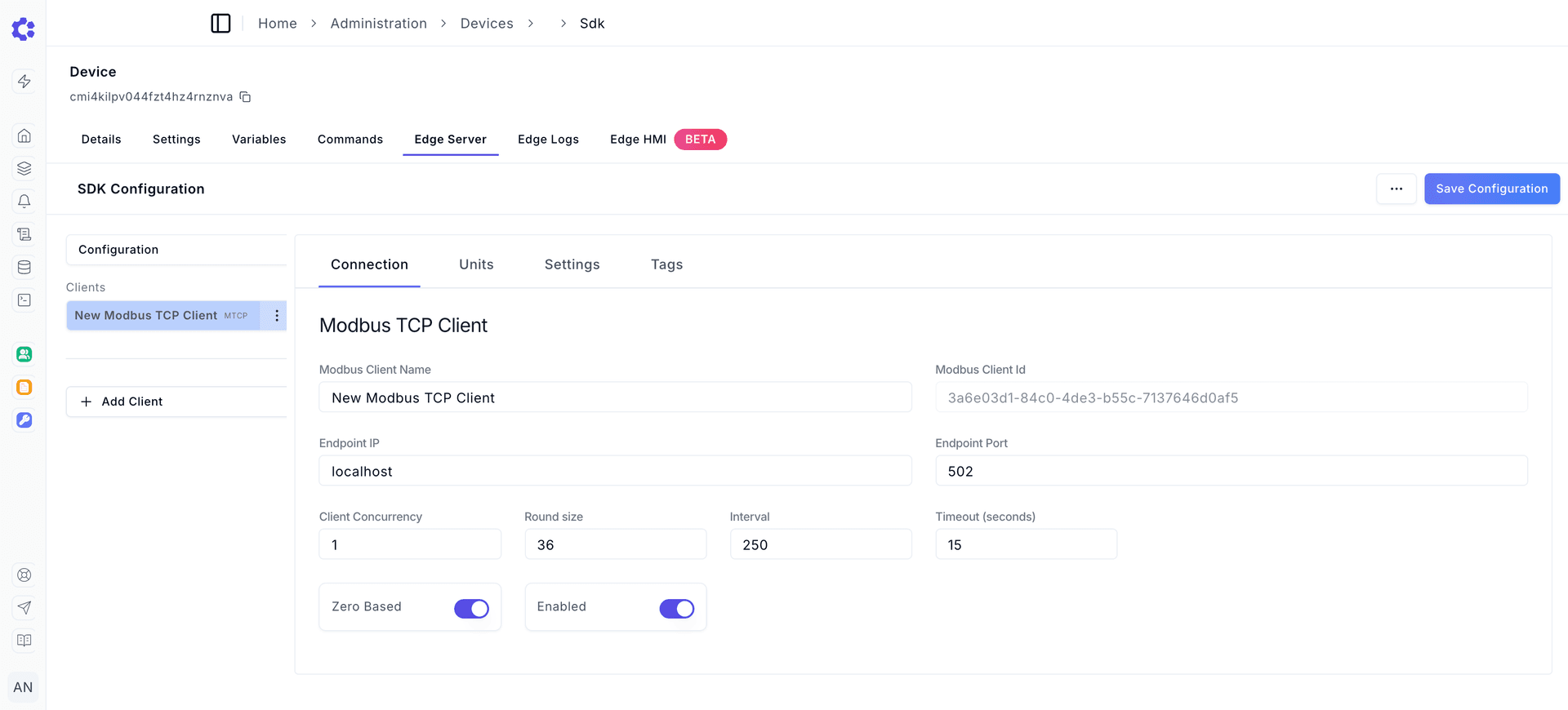 Devices Edge Server Page Modbus Connections tab