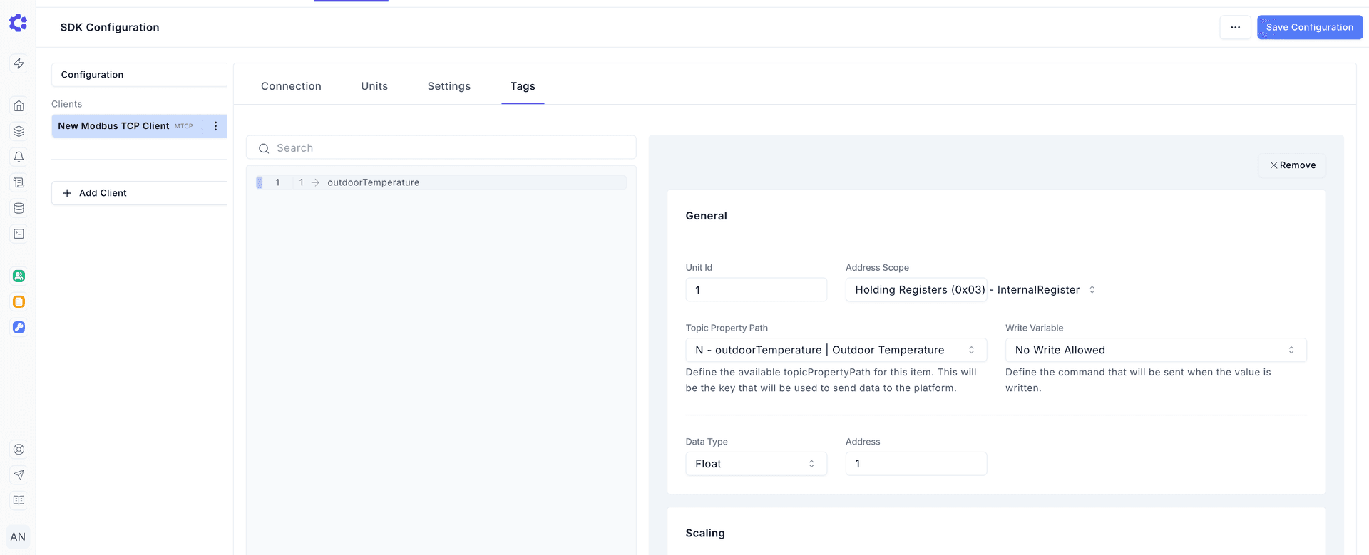 Devices Edge Server Page Modbus Tags tab