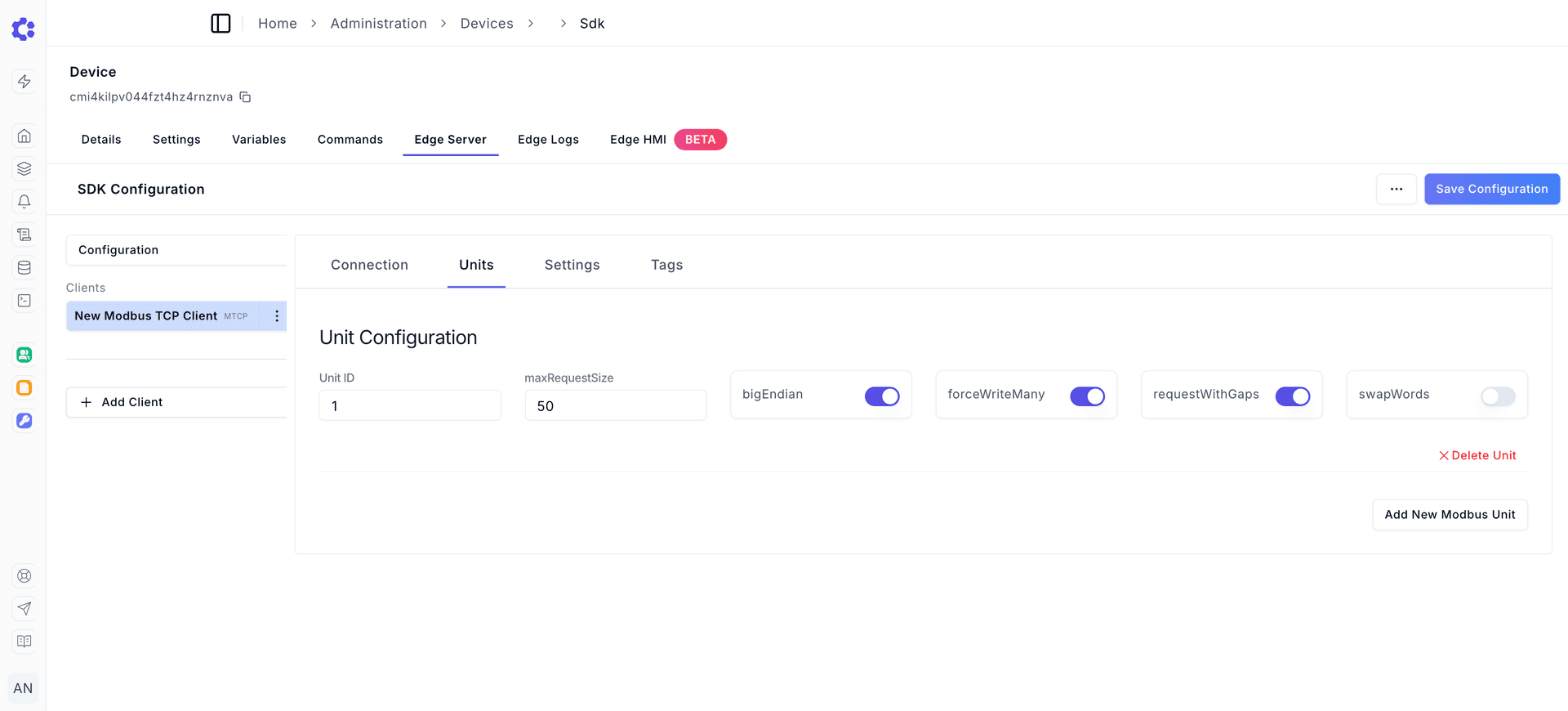 Devices Edge Server Page Modbus Units tab