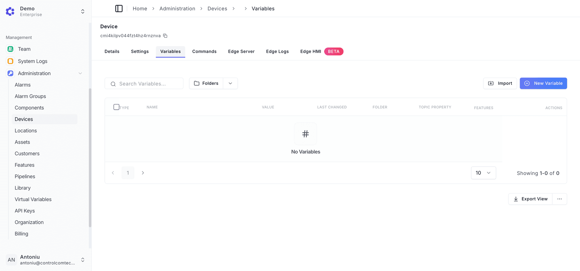 Device Variables Menu