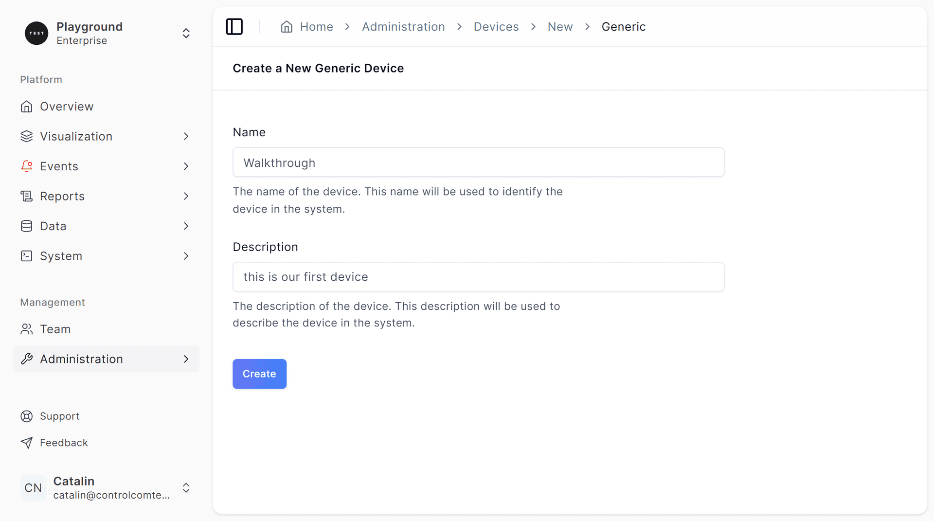 Creating a new device in ControlCom Connect