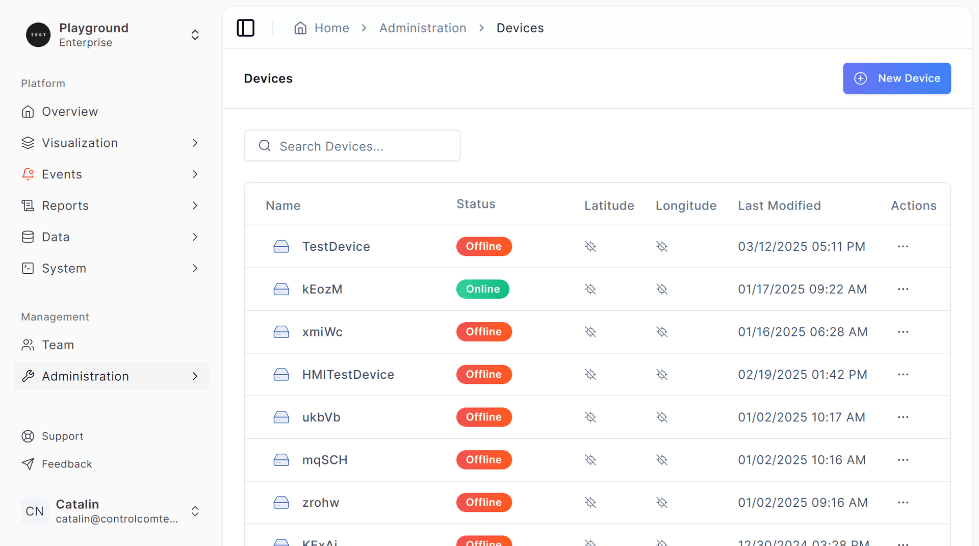 ControlCom Connect Device List Page