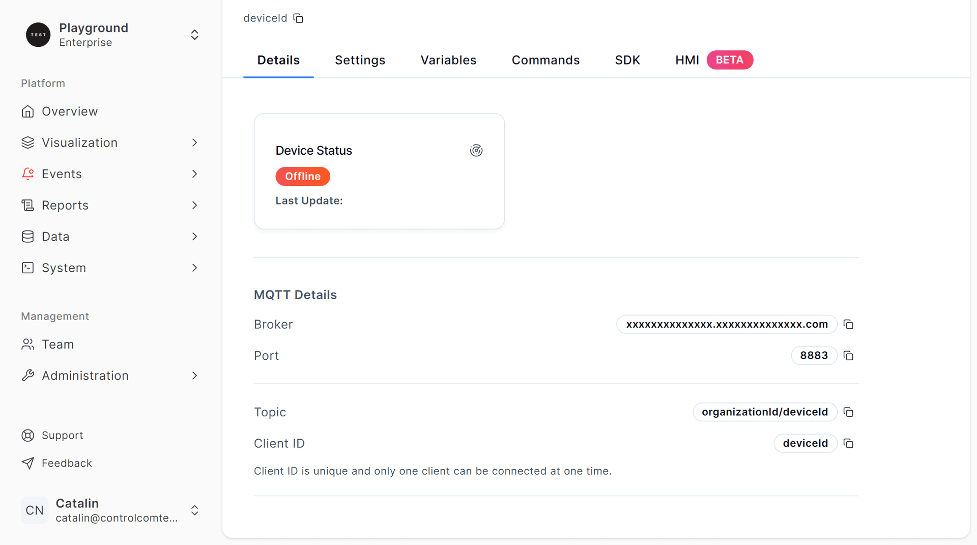 MQTT connection details for ControlCom Connect