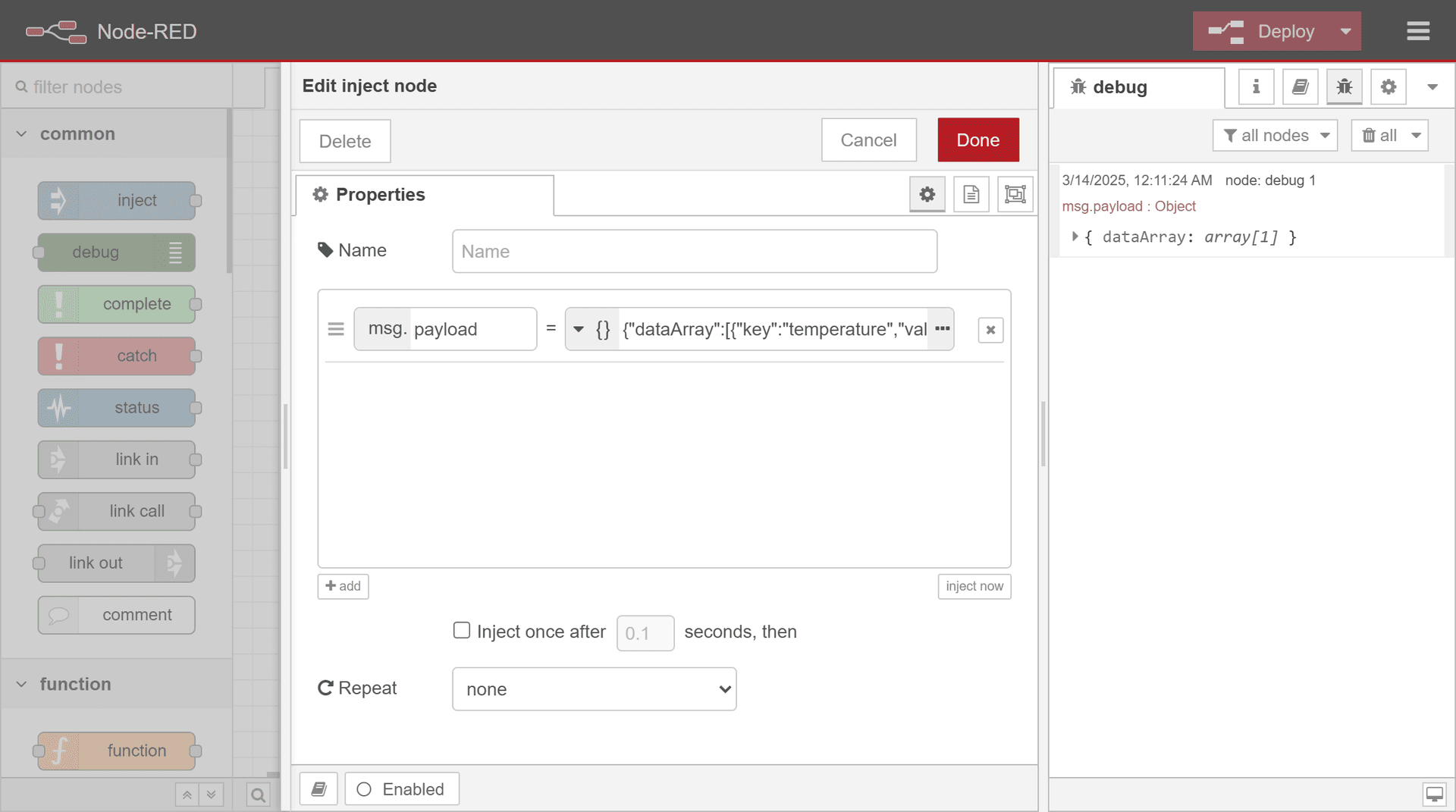Configuring Inject node with JSON payload in Node-RED