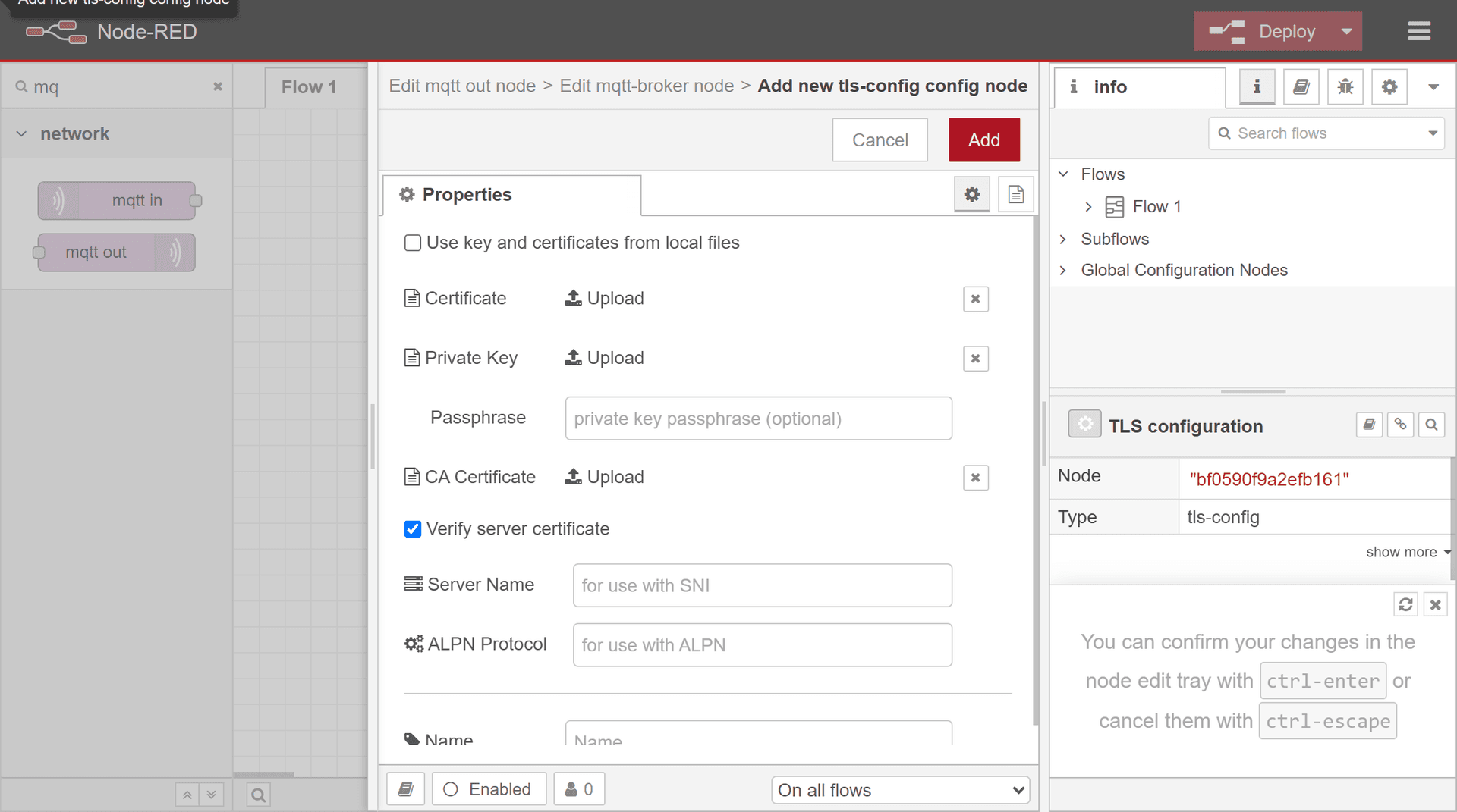 Configuring TLS for MQTT in Node-RED