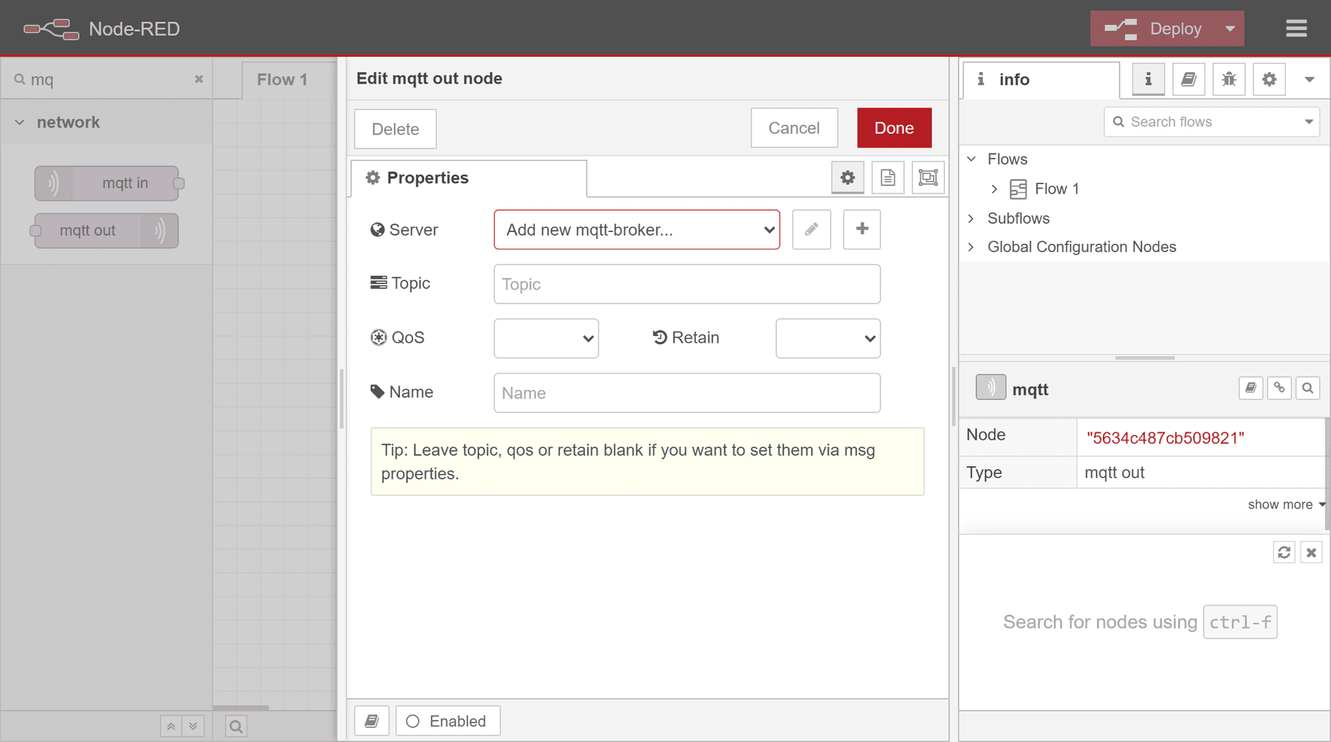 Configuring MQTT out node in Node-RED